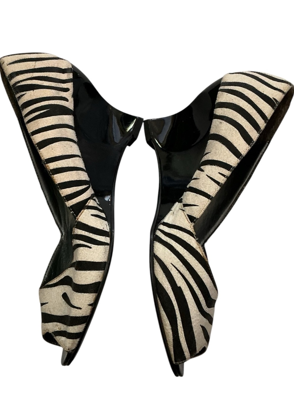 Zebra Print Black & White Peep-Toe Wedges